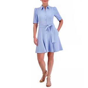 ELIZA J Blue Short Sleeve Belted Stretch Crepe Shirtdress Size 14
